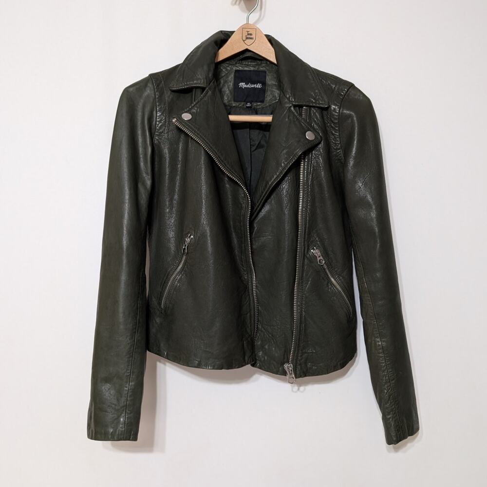 Madewell Washed Leather Motorcycle Jacket Dark Green Size XS Preowned - Picture 3 of 10